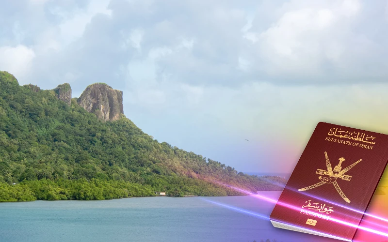 Oman landscape with passport overlay